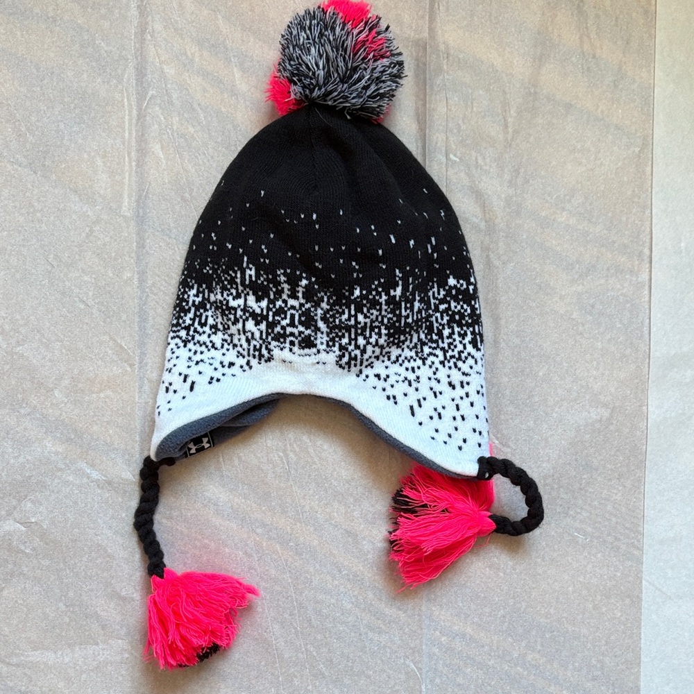 Under Armour Black & White Knit Earflap Hat with Neon Pink Pom Details